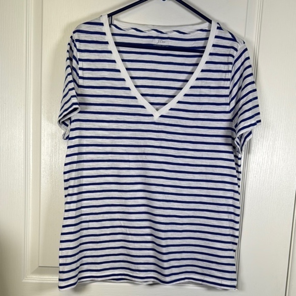 J Crew White Blue V-Neck Vintage Cotton Shirt Size XL EUC #1573
